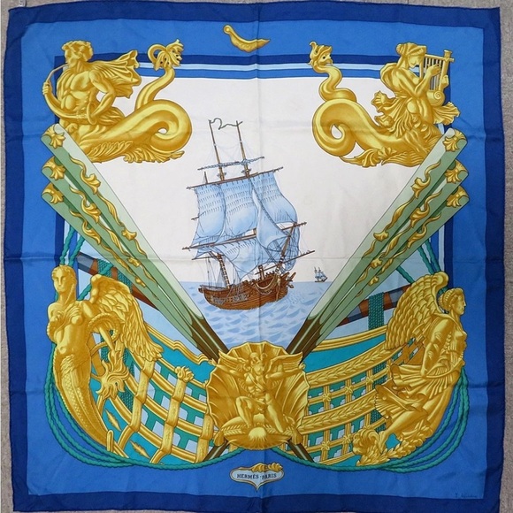 Hermes Accessories - Hermès Blue and Gold Silk Scarf